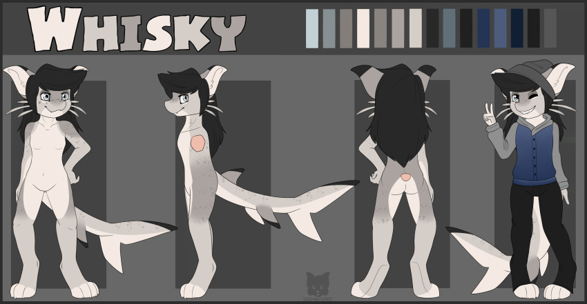 anthro black_hair catfish clothed clothing cute female fish flat_chested hair hat marine model_sheet nude shadowfoxnjp smile tailfin tomboy whisky_catfish