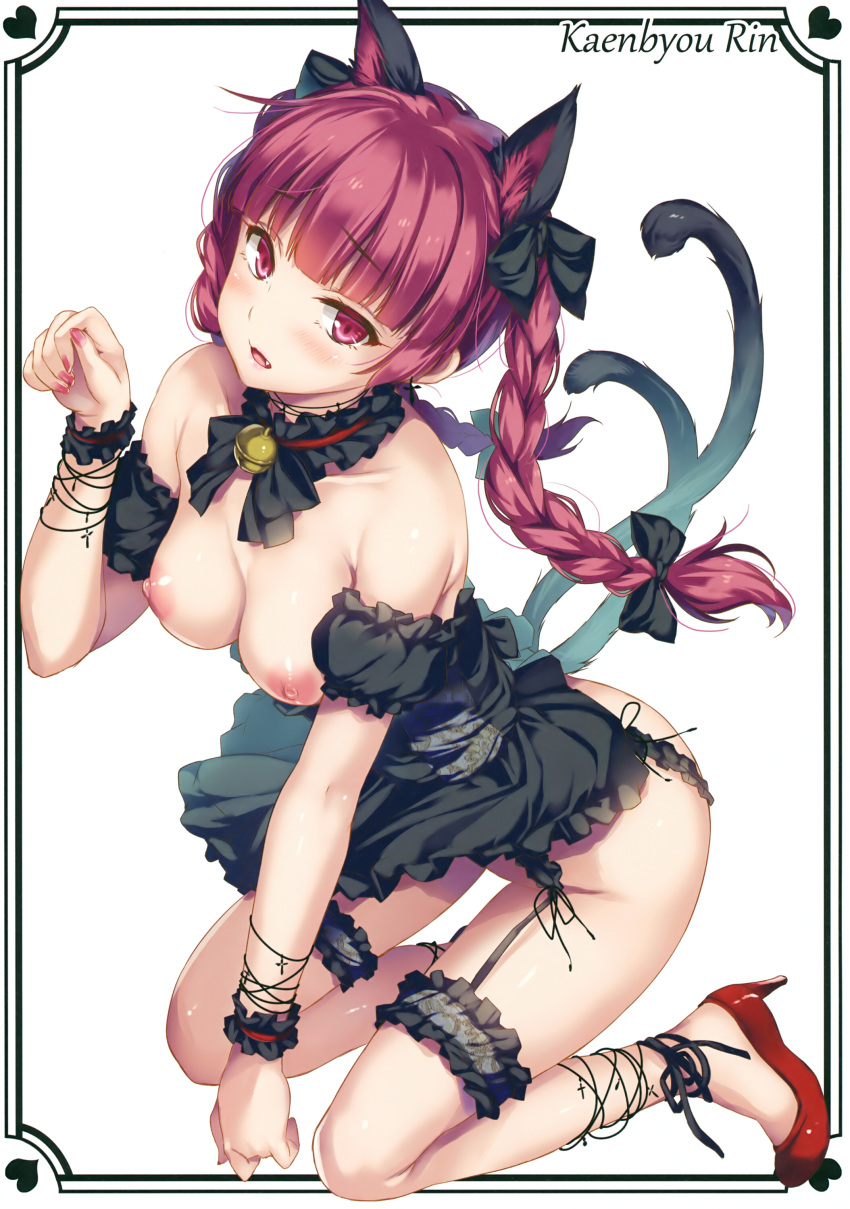 absurdres alternate_costume animal_ears bangs bell bell_collar black_bow black_collar black_dress blush bow braid breasts cat_ears cat_tail character_name collar collarbone cross detached_sleeves dress eyebrows_visible_through_hair frilled_collar frills full_body garter_straps garters hair_bow hand_up heart high_heels highres jingle_bell kaenbyou_rin kneeling long_hair looking_at_viewer medium_breasts moneti_(daifuku) multiple_tails nipples paw_pose puffy_short_sleeves puffy_sleeves red_eyes red_footwear red_hair scan short_dress short_sleeves solo tail touhou twin_braids two_tails wrist_cuffs