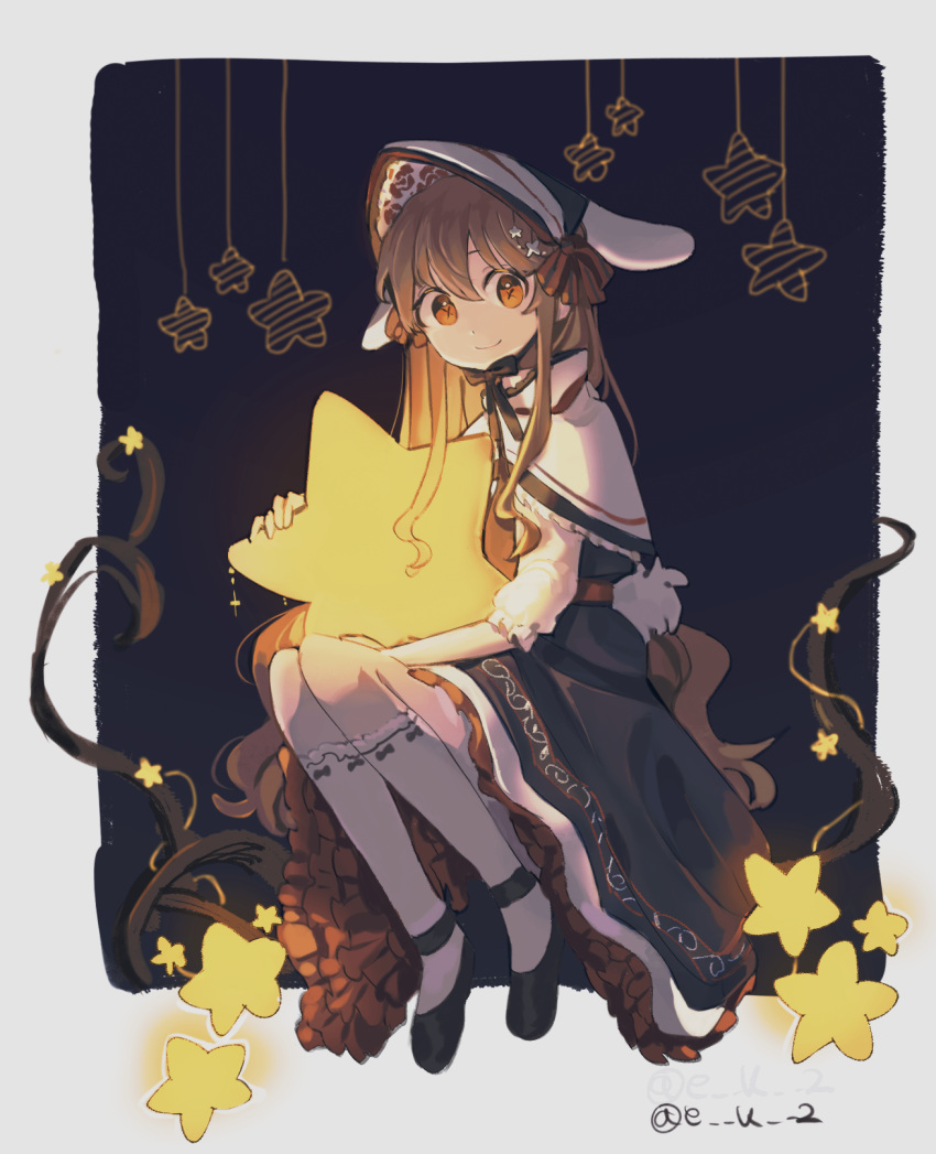animal_ears bad_id bad_pixiv_id bangs belt black_bow black_dress bonnet bow branch brown_belt brown_eyes brown_hair bunny_ears bunny_tail closed_mouth dot_nose dress eden_(e2kay) floating floppy_ears frilled_dress frilled_sleeves frills glowing hair_between_eyes hair_ornament hairclip hat highres holding_star kneehighs knees_up long_dress long_hair long_sleeves looking_at_viewer mary_janes original red_bow ribbon-trimmed_legwear ribbon_trim shawl shoes sidelocks smile solo star star_hair_ornament striped striped_bow symbol-shaped_pupils tail twitter_username very_long_hair wavy_hair white_hat white_legwear x_hair_ornament