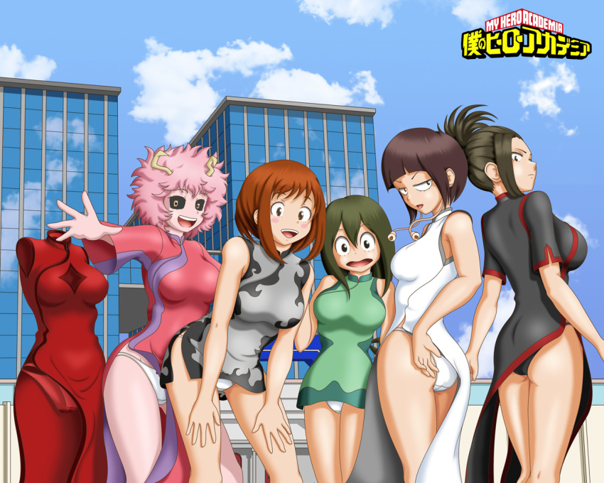 6girls ashido_mina ass asui_tsuyu black_hair blue_hair boku_no_hero_academia breasts brown_hair china_dress chinese_clothes invisible jirou_kyouka multiple_girls pink_hair pink_skin uraraka_ochako yaoyorozu_momo