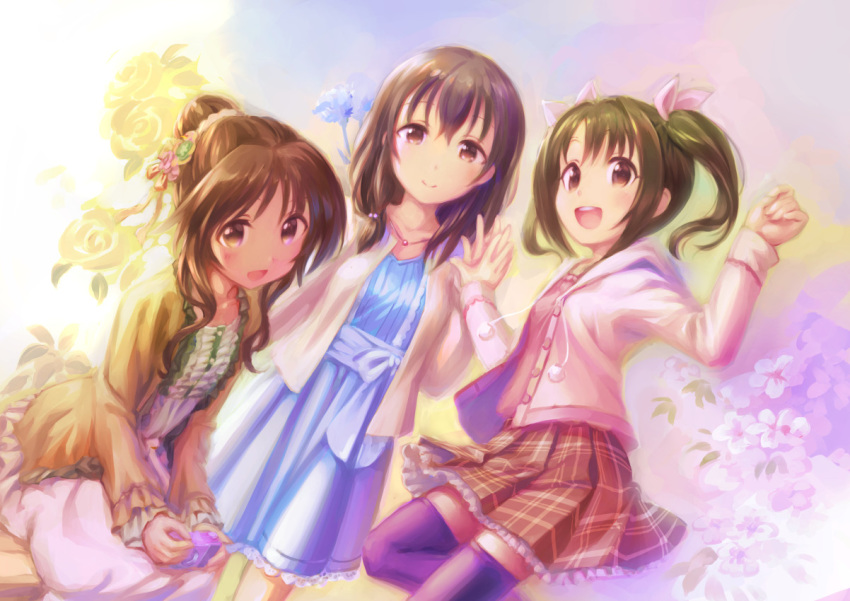 :d bangs bench blue_dress brown_eyes brown_hair camera cardigan commentary_request cowboy_shot cropped_legs dress dutch_angle feet_out_of_frame flower folded_leg frilled_skirt frills fujiwara_hajime gradient gradient_background hair_bobbles hair_bun hair_flower hair_ornament hair_ribbon hands_together idolmaster idolmaster_cinderella_girls imai_kana jewelry leaning_forward long_hair long_sleeves looking_at_viewer medium_hair multiple_girls necklace open_cardigan open_clothes open_mouth petticoat pink_cardigan pink_dress pink_ribbon pink_shirt plaid plaid_skirt purple_legwear ribbon rose scrunchie shirt short_hair sitting skirt smile standing standing_on_one_leg takamori_aiko takoyaki_(roast) thighhighs twintails upper_teeth yellow_cardigan yellow_flower yellow_rose