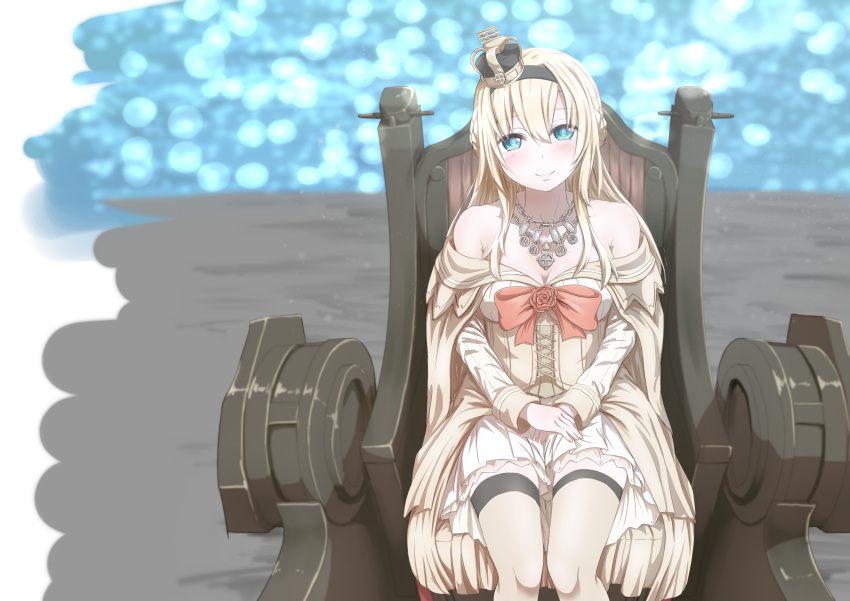 bangs bare_shoulders blonde_hair blue_eyes blush braid breasts collarbone commentary_request corset crown dress flower french_braid garter_straps giorgio_claes hair_between_eyes hairband hands_on_lap hands_together head_tilt highres jewelry kantai_collection long_hair long_sleeves machinery mini_crown necklace off-shoulder_dress off_shoulder red_flower red_ribbon red_rose ribbon rose sidelocks sitting smile solo thighhighs thighs throne tilted_headwear warspite_(kantai_collection) white_dress white_legwear