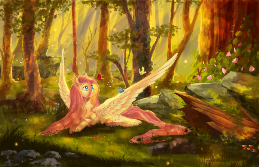 2018 aquagalaxy avian bird blue_eyes cute cutie_mark detailed_background equine eyebrows eyelashes feathered_wings feathers female feral flower fluttershy_(mlp) forest friendship_is_magic grass hair hi_res hooves leaves log long_hair looking_up lying mammal my_little_pony nature nude outside pegasus pink_hair plant rock scenic smile solo spread_wings sunlight tree wings wood yellow_feathers