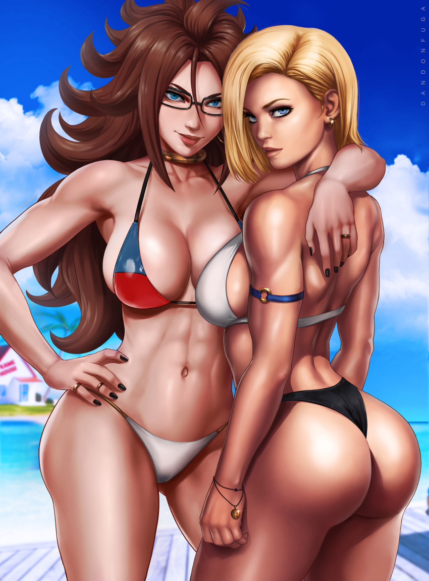 abs absurdres android_18 android_21 arm_around_shoulder armlet ass ass_visible_through_thighs biceps bikini black_nails blonde_hair blue_eyes blue_sky bracelet breasts brown_hair cleavage collarbone dandon_fuga day dragon_ball dragon_ball_fighterz dragon_ball_z earrings glasses hand_on_hip highres hoop_earrings jewelry large_breasts long_hair looking_at_viewer looking_back multiple_girls nail_polish navel paid_reward patreon_reward pinup ring short_hair sky smile stomach swimsuit thong thong_bikini toned very_long_hair wedding_band