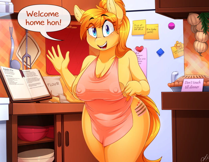 2018 anthro apron areola breasts clothing creme_poni cutie_mark dialogue digital_media_(artwork) earth_pony english_text equine fan_character female food hair hi_res horse kitchen looking_at_viewer mammal my_little_pony naked_apron nipple_bulge open_mouth pie pony replica_(artist) slightly_chubby solo text thick_thighs voluptuous