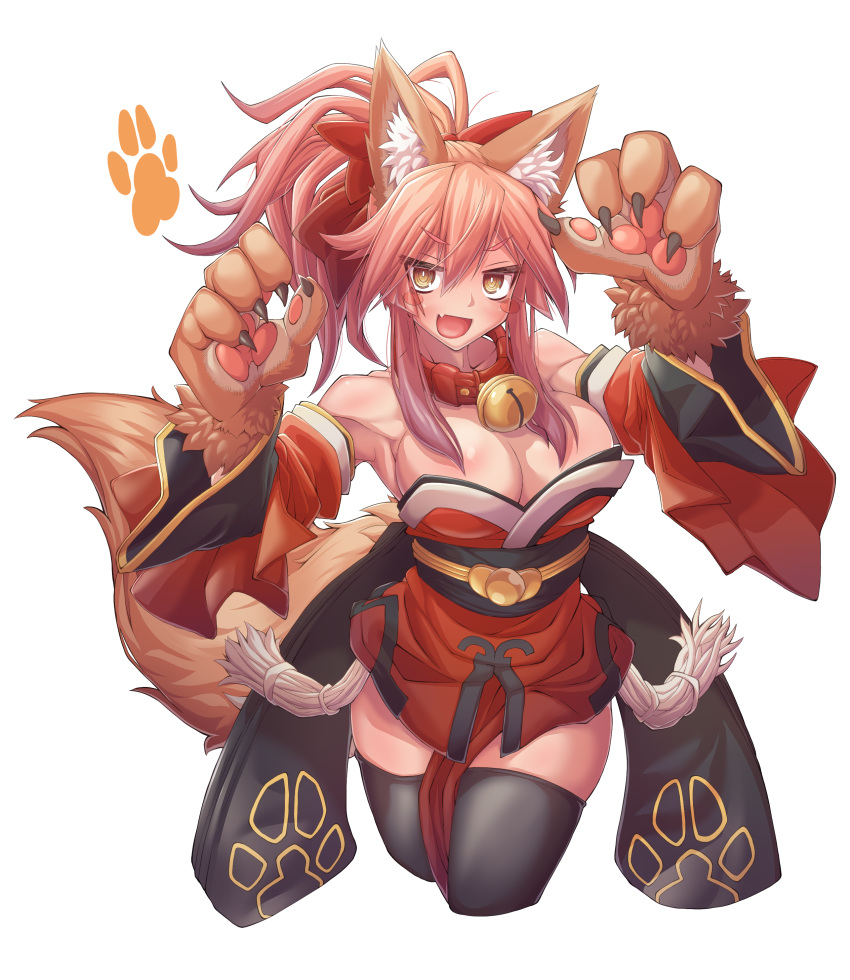 absurdres animal_ear_fluff animal_ears bangs bare_shoulders bell bell_collar black_legwear blush blush_stickers bow breasts claws cleavage collar collarbone commentary_request detached_sleeves eyebrows_visible_through_hair fang fate/extra fate/grand_order fate_(series) fox_ears fox_tail gloves hair_between_eyes hair_bow hands_up highres hips japanese_clothes jingle_bell kimono large_breasts long_hair looking_at_viewer obi open_mouth paw_gloves paw_pose paw_print paws pink_hair ponytail red_bow red_kimono sash short_kimono sidelocks simple_background smile solo tail tamamo_(fate)_(all) tamamo_cat_(fate) tassel thighhighs thighs white_background wide_sleeves zawa_(zawzawranran2)