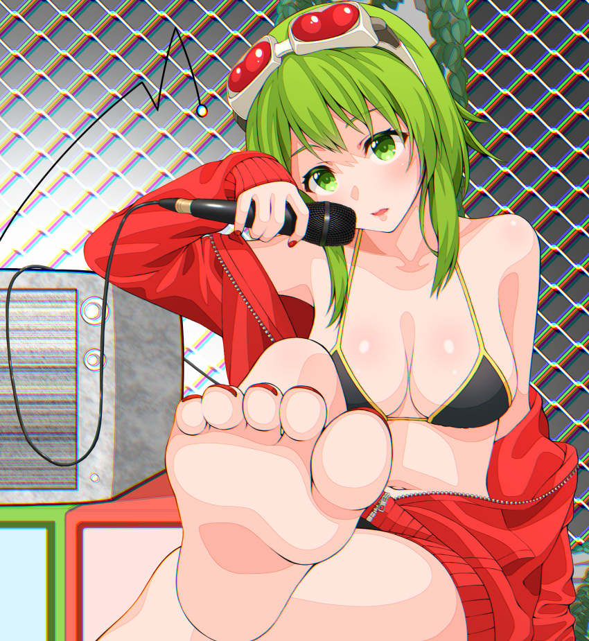 1girl barefoot bikini_top feet goggles green_eyes green_hair gumi highres hoodie jacket leg_up legs_crossed long_hair looking_at_viewer microphone off_shoulder parted_lips pov pov_feet sitting soles toes vocaloid