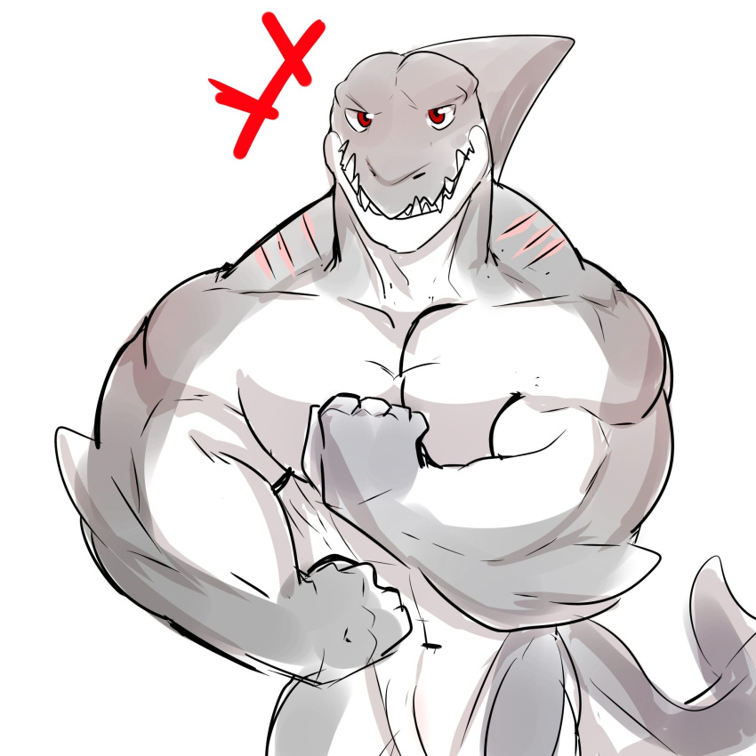 abs animal_genitalia anthro biceps big_muscles chowchou fin fish flexing genital_slit gills grin half_portrait head_fin looking_at_viewer male marine muscular muscular_male nude pecs red_eyes shark shark_tail simple_background slit smile solo standing teeth white_background