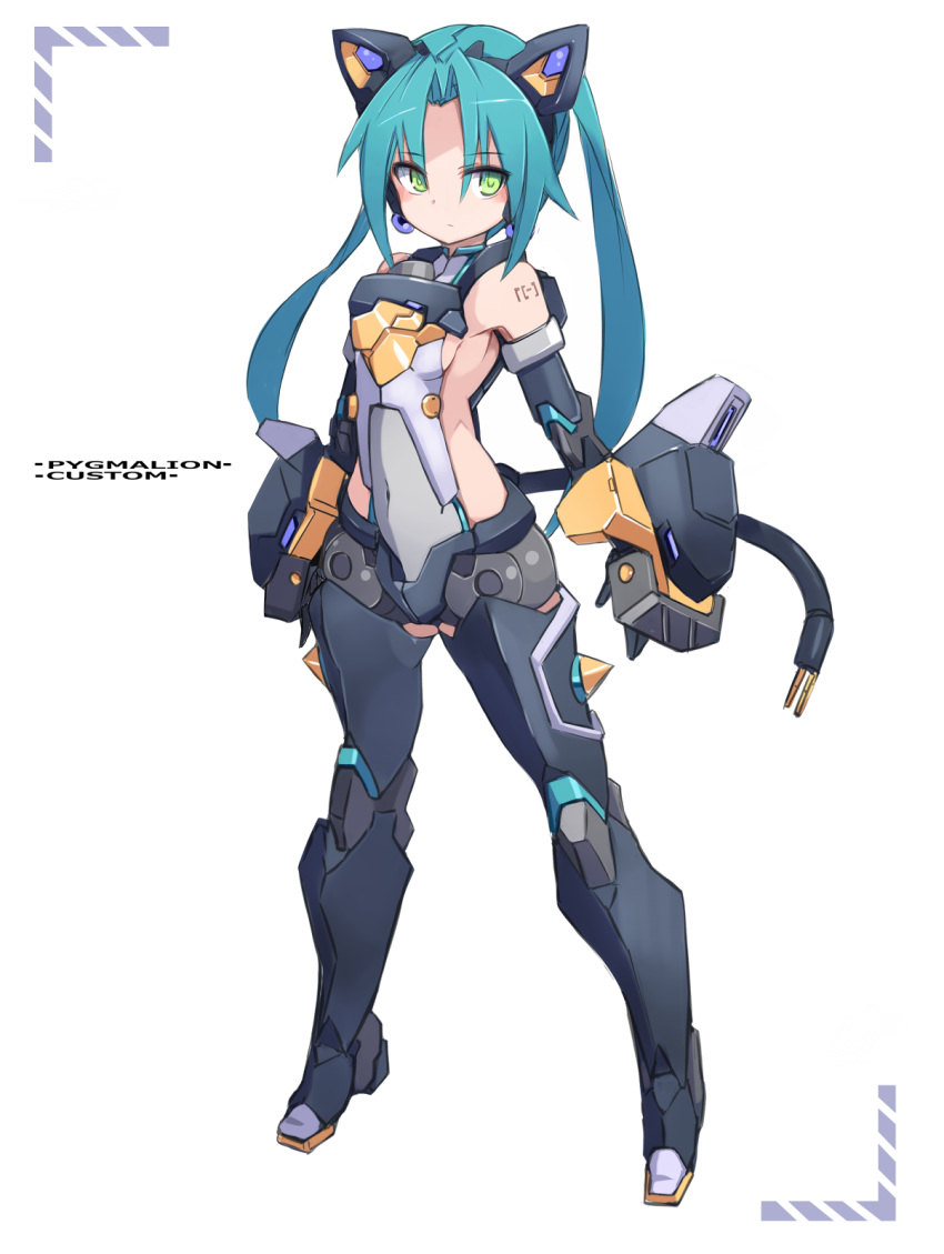 animal_ears aqua_hair armored_boots bare_shoulders black_footwear black_gloves black_legwear blush boots breasts cat_ears character_name closed_mouth covered_navel earrings elbow_gloves fake_animal_ears gloves green_eyes grey_leotard highres holding jewelry karukan_(monjya) leotard long_hair looking_at_viewer mecha_musume pygmalion shinrabanshou sideboob small_breasts solo tail thighhighs twintails very_long_hair white_background