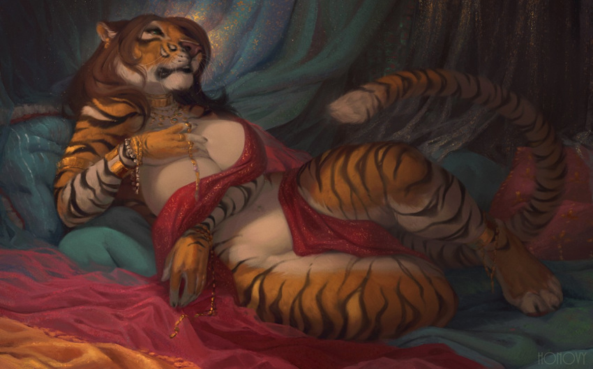 anthro bed big_breasts breasts brown_hair clothed clothing convenient_censorship feline female fur hair honovy inside jewelry long_hair lying mammal mostly_nude navel on_bed pillow skimpy solo striped_fur stripes tiger uchoa whiskers