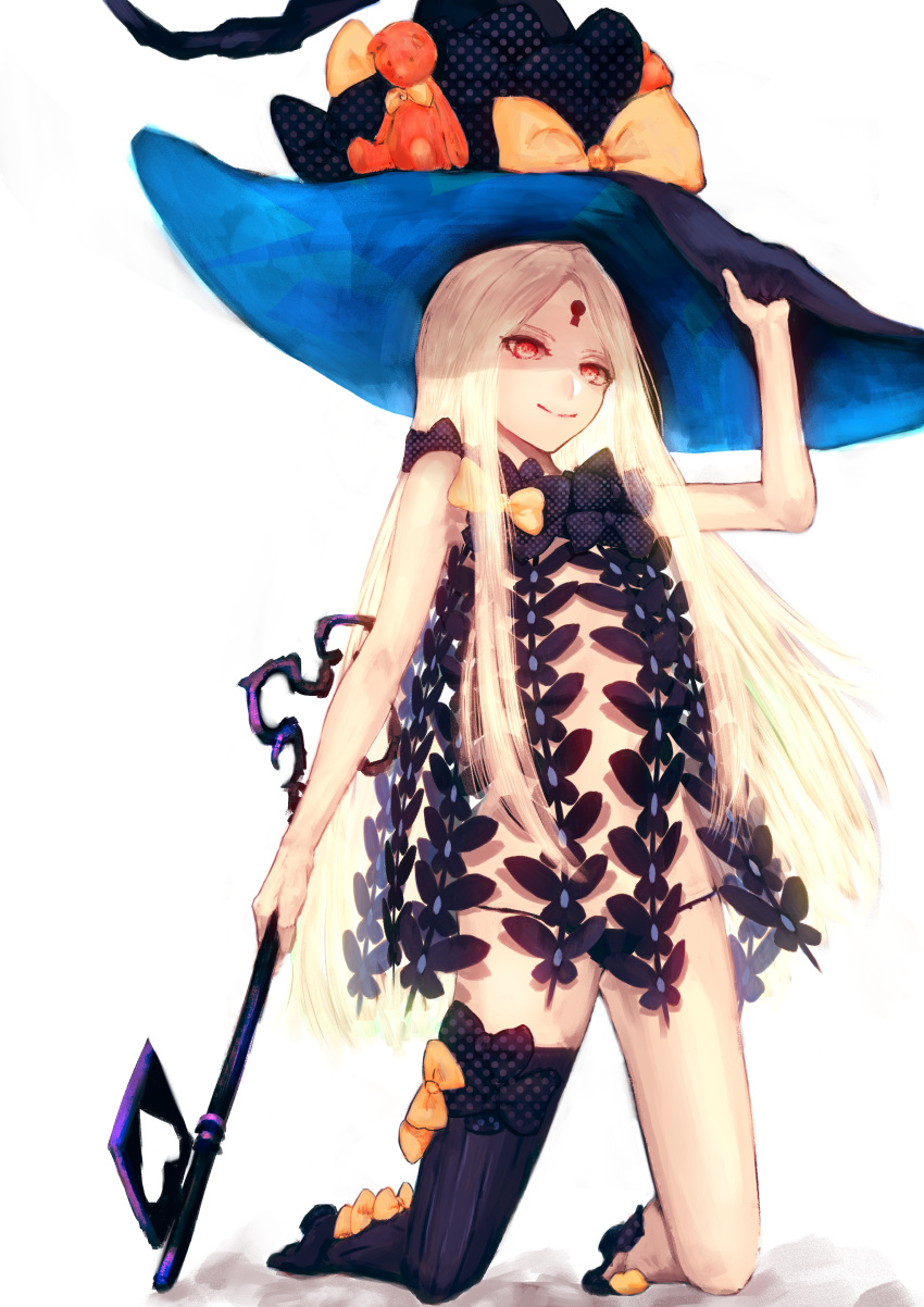 abigail_williams_(fate/grand_order) absurdres arm_up bangs black_bow black_footwear black_hat black_legwear black_panties blonde_hair bow closed_mouth commentary fate/grand_order fate_(series) hand_on_headwear hat hat_bow highres holding holding_key huge_filesize key keyhole kneeling long_hair mary_janes orange_bow oversized_object panties parted_bangs red_eyes revealing_clothes shoes single_thighhigh smile solo stuffed_animal stuffed_toy teddy_bear thighhighs topless underwear user_vaws2755 very_long_hair white_background witch_hat
