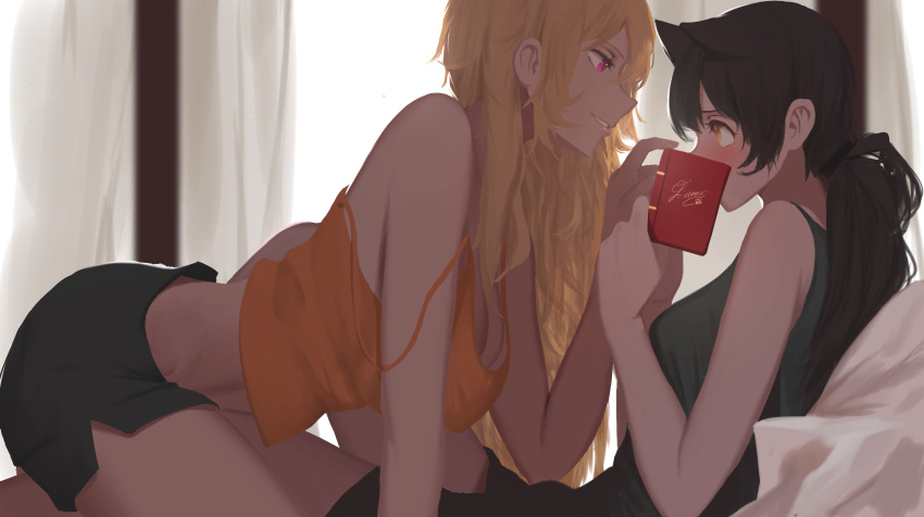 absurdres animal_ears bed black_hair blake_belladonna blonde_hair blush book breasts cat_ears cleavage commentary covering_mouth curtains dishwasher1910 english_commentary eye_contact highres large_breasts looking_at_another lying multiple_girls on_back parted_lips ponytail purple_eyes reclining rwby short_shorts shorts smile strap_slip tank_top yang_xiao_long yellow_eyes yuri