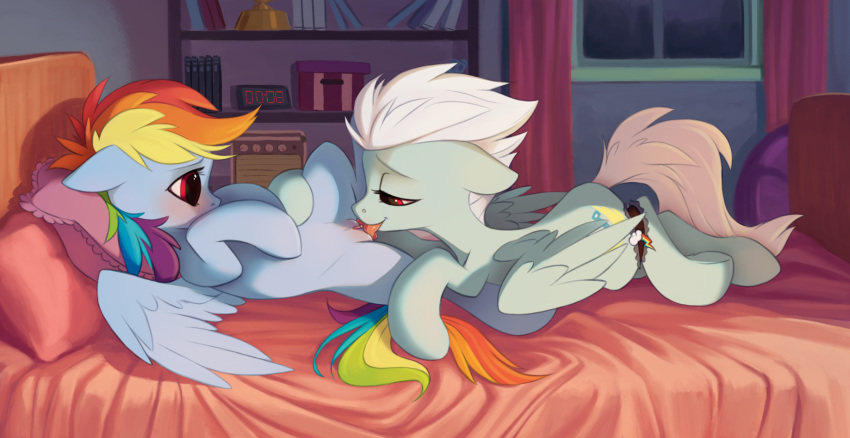 2018 bed blush cutie_mark duo equine feathered_wings feathers female feral fleetfoot_(mlp) friendship_is_magic hair half-closed_eyes hi_res inside lying mammal multicolored_hair my_little_pony on_bed oral pegasus pillow pussy rainbow_dash_(mlp) rainbow_hair sex tongue tongue_out vistamage window wings wonderbolts_(mlp)