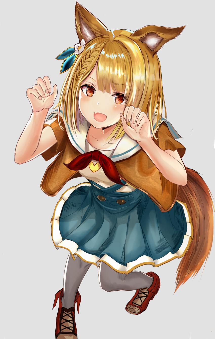 :d animal_ears arms_up blonde_hair blue_skirt blush braid brown_jacket claw_pose collarbone commentary dog_ears dog_girl dog_tail fang fingernails granblue_fantasy grey_background grey_legwear high-waist_skirt highres jacket looking_at_viewer open_clothes open_jacket open_mouth pantyhose pleated_skirt red_eyes red_footwear ria_(riarea00) sailor_collar shirt shoes short_sleeves simple_background skirt smile solo tail v-shaped_eyebrows vajra_(granblue_fantasy) white_sailor_collar white_shirt