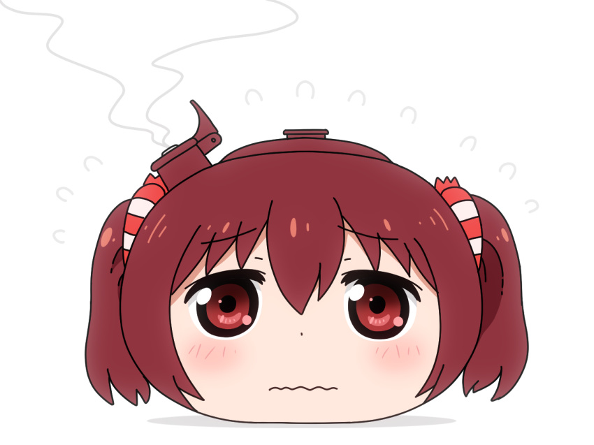 bangs blush closed_mouth commentary_request ebina_nana eyebrows_visible_through_hair flying_sweatdrops hair_between_eyes hair_ornament head himouto!_umaru-chan objectification red_eyes red_hair shirosato solo steam teapot twintails wavy_mouth white_background