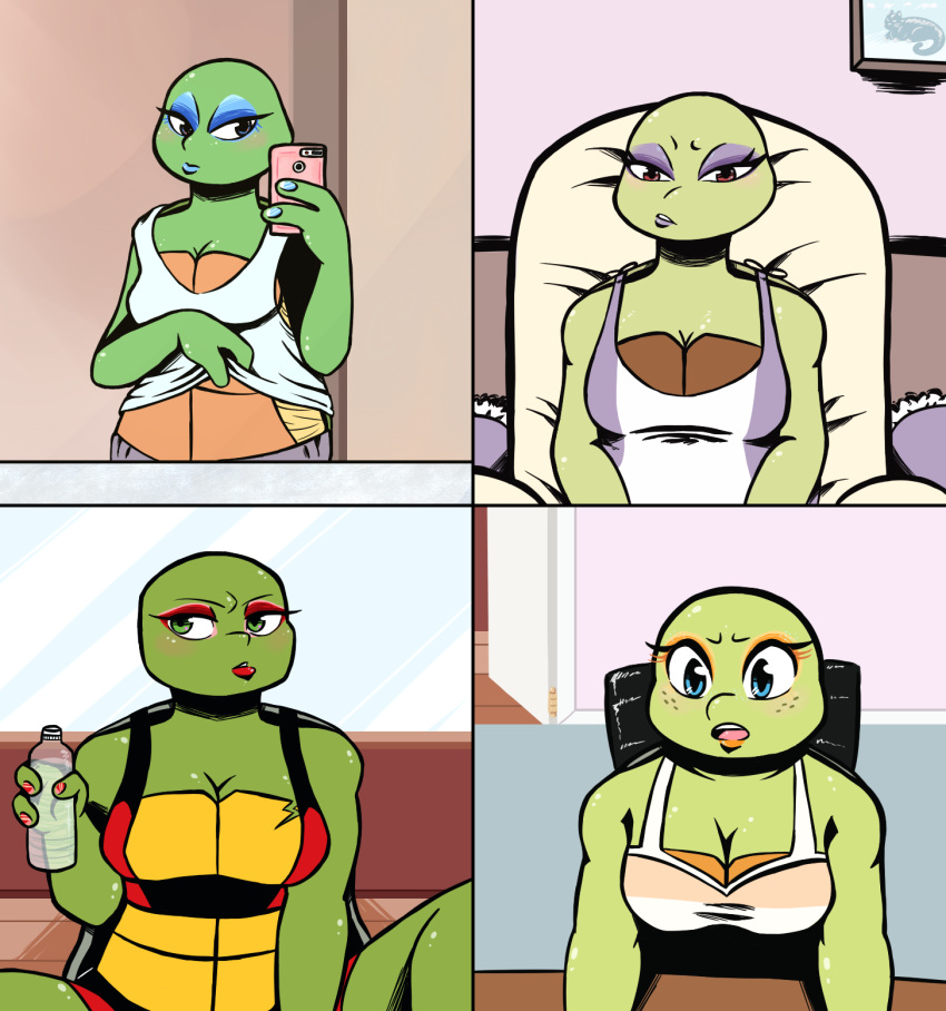 2018 anthro blue_eyes blue_nails blush bottle breasts cellphone chair chipped_shell cleavage clothed clothing clothing_lift colored_nails crossgender donatello_(tmnt) eyeshadow female freckles green_eyes group holding_object holding_phone inkyfrog leonardo_(tmnt) lipstick looking_at_viewer makeup michelangelo_(tmnt) midriff non-mammal_breasts phone raphael_(tmnt) red_eyes red_nails reptile scalie selfie shell shirt shirt_lift sitting standing tank_top teenage_mutant_ninja_turtles turtle