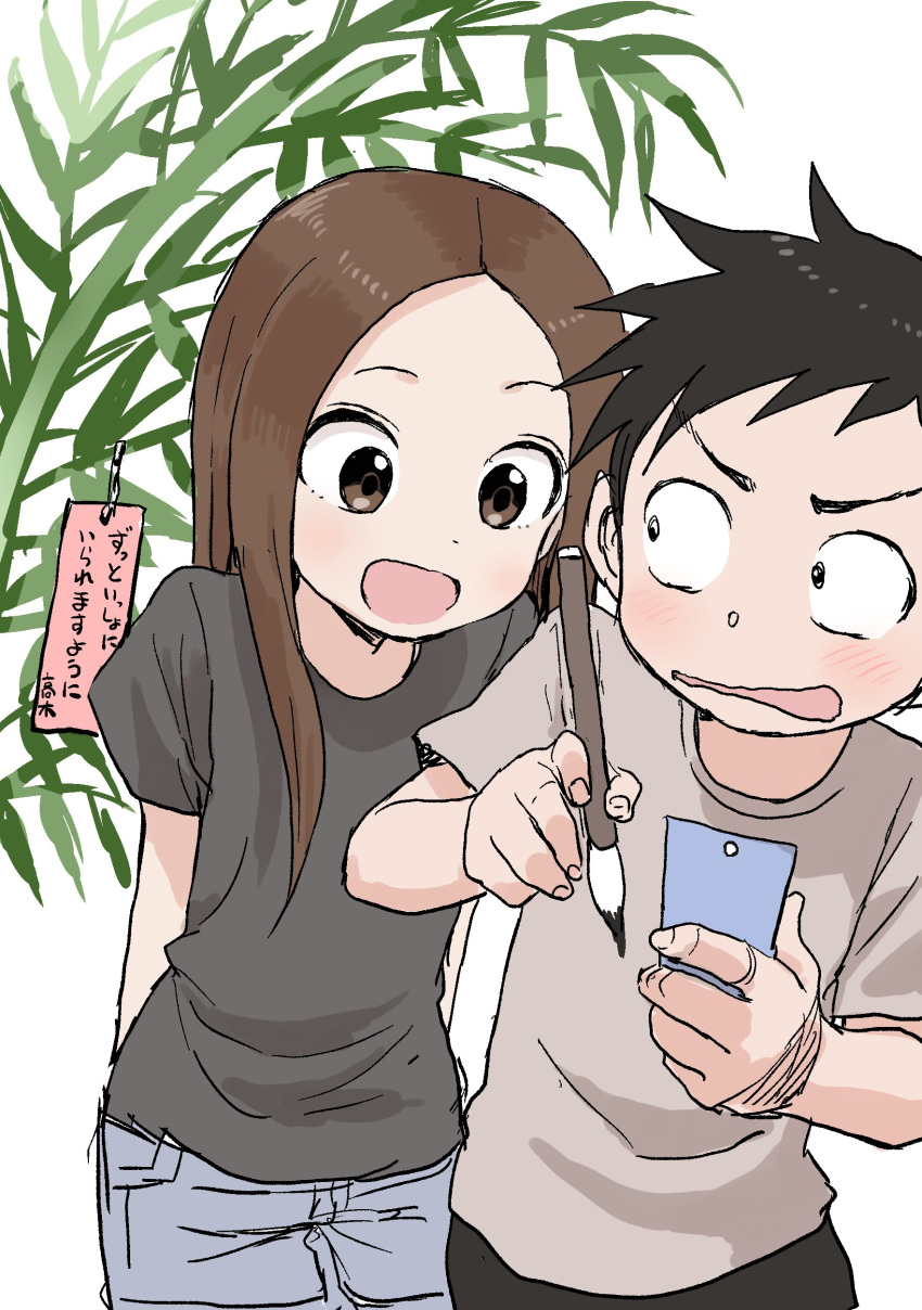 1girl absurdres bamboo_shoot blush brown_eyes brush charm_(object) commentary eyebrows forehead highres karakai_jouzu_no_takagi-san nishikata official_art open_mouth shirt surprised t-shirt takagi-san tanabata yamamoto_souichirou