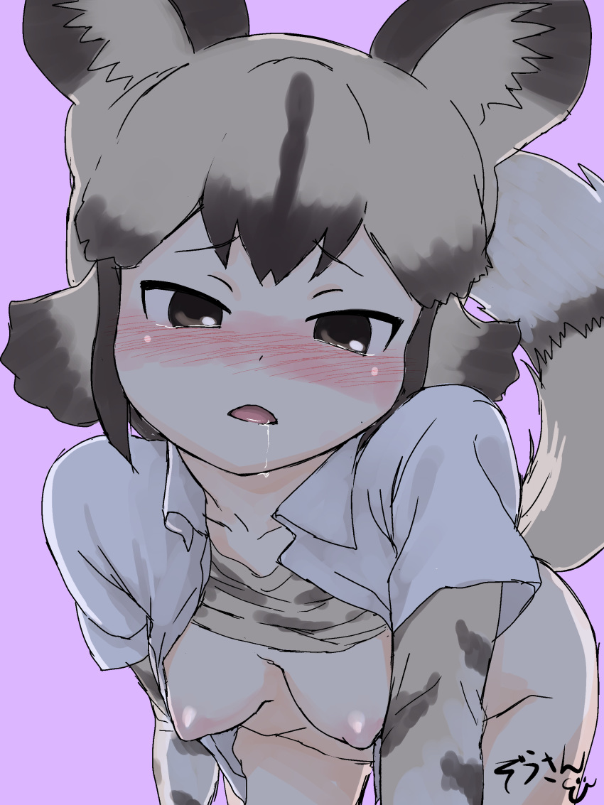 2018 absurd_res african_wild_dog african_wild_dog_(kemono_friends) aliasing all_fours animal_humanoid biped blush bottomless breasts brown_clothing brown_eyes brown_hair brown_tail camo canine clothed clothing digital_drawing_(artwork) digital_media_(artwork) dipstick_tail dog_humanoid dress_shirt drooling female front_view hair half-closed_eyes hanging_breasts hi_res humanoid inner_ear_fluff japanese kemono_friends light_skin lighting looking_pleasured mammal masuyama_ryou_(artist) multicolored_hair multicolored_tail nipples open_mouth pink_nipples purple_background raised_shirt saliva shadow shirt short_hair simple_background small_breasts solo tan_hair tan_skin tan_tail two_tone_hair undershirt white_clothing white_tail