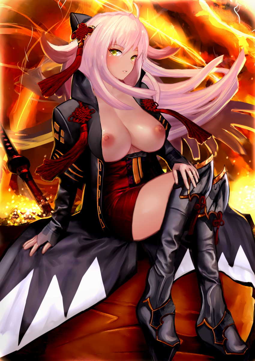 absurdres ahoge arm_guards aruuin black_bow black_coat boots bow breasts commentary_request crossed_legs dark_skin fate/grand_order fate_(series) fiery_background fire hair_between_eyes hair_bow hair_ornament highres katana large_breasts long_hair looking_at_viewer nipples okita_souji_(alter)_(fate) okita_souji_(fate)_(all) open_mouth parted_lips sketch solo sword tan tassel thigh_boots thighhighs tied_hair very_long_hair weapon yellow_eyes