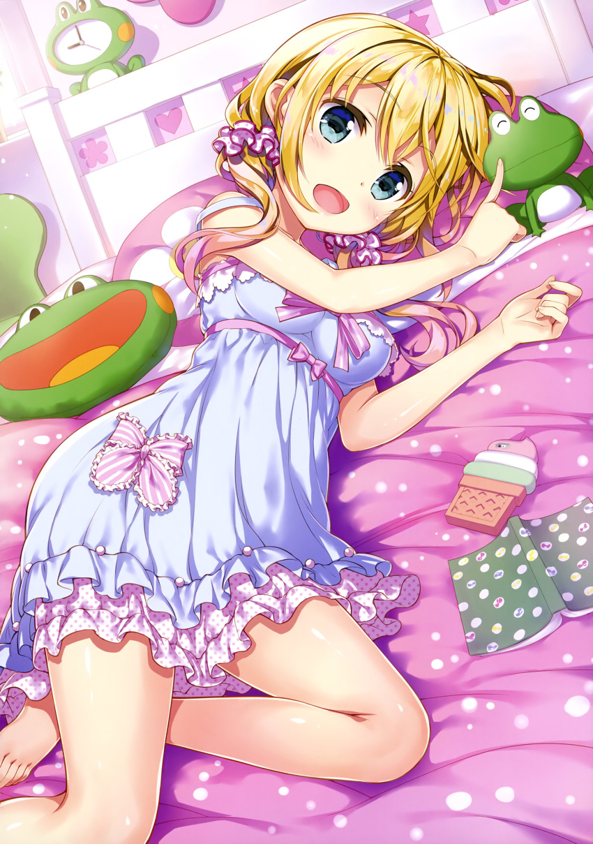 :d absurdres bare_legs barefoot bed_sheet blonde_hair blue_frills blue_nightgown breasts clock collarbone eyebrows_visible_through_hair frilled_nightgown fujima_takuya hair_between_eyes hair_ornament hair_scrunchie heart highres laki_station large_breasts layered_nightgown light_blue_eyes looking_at_viewer low_twintails nightgown nijikawa_laki notebook official_art on_bed open_mouth pillow pink_lips pink_pillow pink_polka_dots pink_ribbon poking polka_dot polka_dot_nightgown polka_dot_scrunchie print_pillow ribbon scan scrunchie smile solo spaghetti_strap star strap_slip striped striped_ribbon stuffed_animal stuffed_frog stuffed_toy tongue twintails white_frills white_nightgown white_polka_dots white_scrunchie white_stripes