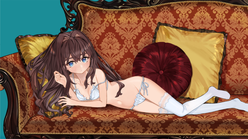 bangs bare_legs bare_shoulders blue_background blue_eyes blush bra breasts brown_hair closed_mouth collarbone couch cushion hair_between_eyes hair_intakes hands_up lace lace-trimmed_thighhighs long_hair looking_at_viewer lowleg lowleg_panties luicent lying navel no_shoes on_couch on_side original panties pillow side-tie_panties sidelocks simple_background small_breasts solo strap_slip string_panties thighhighs underwear underwear_only very_long_hair white_bra white_legwear white_panties