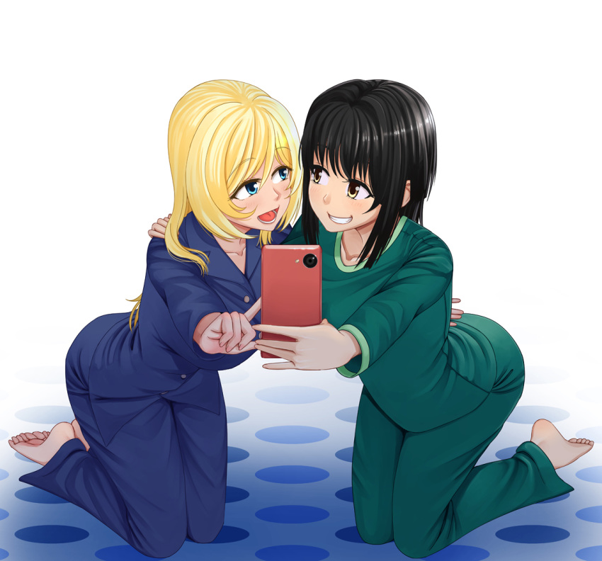 :d arm_around_back arm_around_shoulder bangs barefoot black_hair blonde_hair blue_eyes blue_pants brown_hair cellphone easy_(aqk7bdqt) eye_contact eyebrows_visible_through_hair green_pants grin holding holding_phone katia_grineal kneeling long_hair looking_at_another melua_melna_meia multiple_girls open_mouth pajamas pants phone self_shot smartphone smile soles super_robot_wars super_robot_wars_judgement