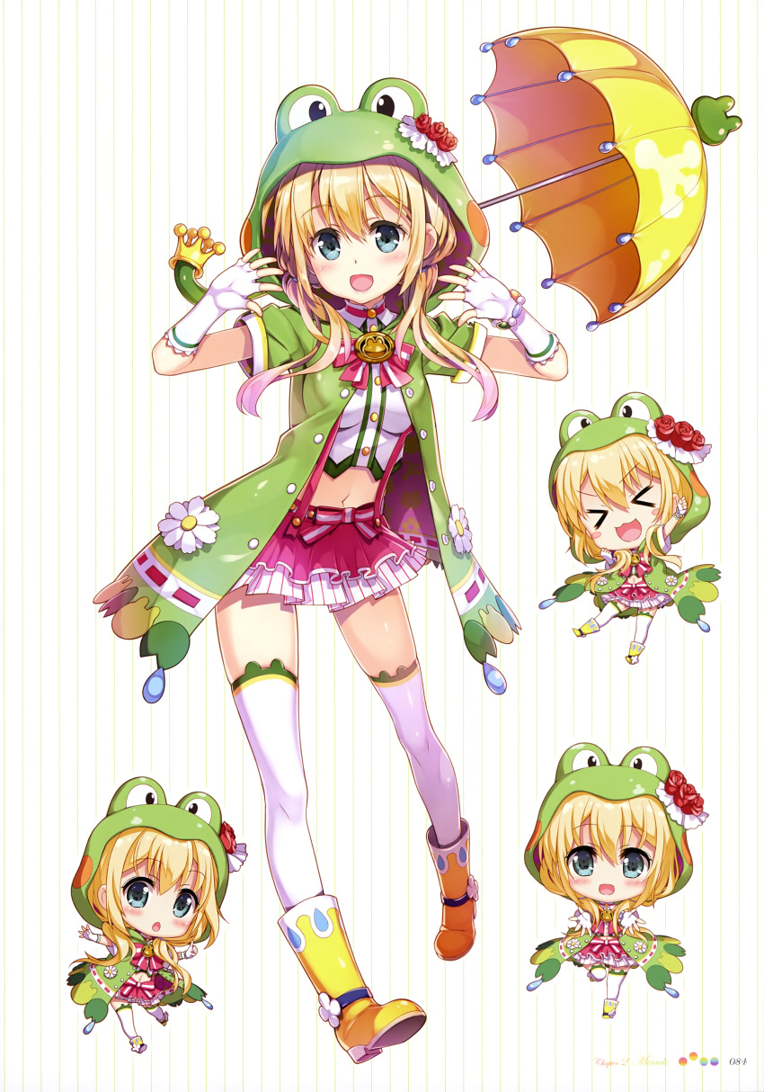 &gt;_&lt; :d absurdres blonde_hair blush_stickers boots bow bowtie bracelet breasts chibi choker english eyebrows_visible_through_hair fingerless_gloves flower flower_request frog_hood fujima_takuya gloves green_jacket green_stripe hair_between_eyes highres hood hooded_jacket index_finger_raised jacket jewelry laki_station layered_skirt light_blue_eyes looking_at_viewer low_twintails medium_breasts midriff multiple_views nijikawa_laki official_art open_clothes open_hands open_jacket open_mouth outstretched_arms page_number pigeon-toed pink_choker pink_lips pink_neckwear pink_skirt pleated_skirt print_legwear raindrop_print red_flower ribbon-trimmed_clothes ribbon_trim rose rubber_boots scan shirt single_stripe skindentation skirt smile standing standing_on_one_leg striped striped_background striped_neckwear suspender_skirt suspenders thighhighs twintails umbrella vertical-striped_background vertical-striped_skirt vertical_stripes white_flower white_gloves white_legwear white_shirt white_skirt white_stripes x3 yellow_footwear yellow_umbrella zettai_ryouiki