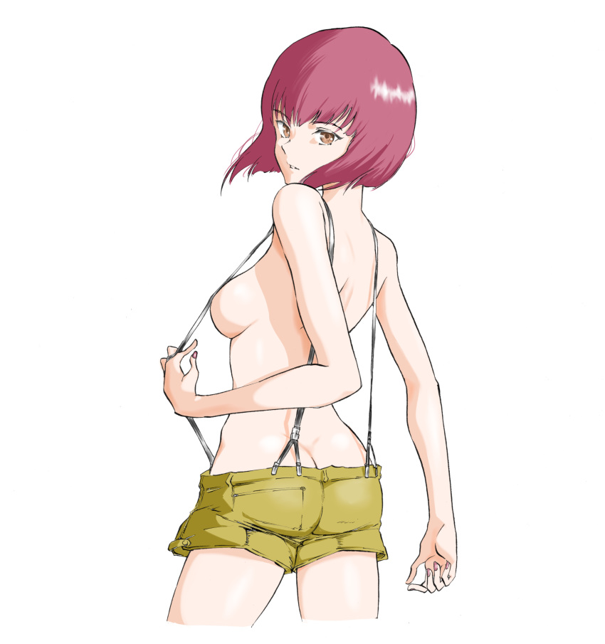 absurdres ass back bad_id bad_pixiv_id breasts brown_eyes butt_crack cowboy_shot from_behind highres looking_at_viewer looking_back medium_breasts nail_polish naked_suspenders original parted_lips pink_hair pink_nails shiny shiny_skin short_hair short_shorts shorts shoulder_blades sideboob simple_background solo suspender_shorts suspenders suspenders_pull topless twisted_torso yiteng_yijiao