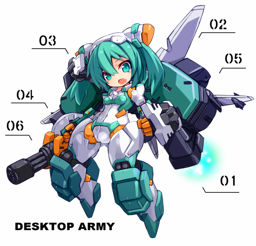 aqua_eyes aqua_hair bangs blush_stickers breasts copyright_name desktop_army exhaust eyebrows_visible_through_hair fang flying full_body gatling_gun gloves gun hair_between_eyes headgear highres karukan_(monjya) looking_at_viewer mecha_musume medium_hair missile number open_mouth simple_background small_breasts solo sylphy_(desktop_army) weapon white_background wings