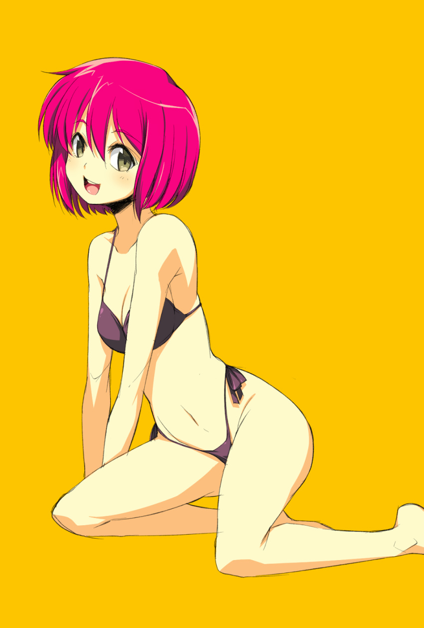 1girl :d bangs bare_shoulders bikini breasts cleavage collarbone eyebrows_visible_through_hair gradient gradient_background green_eyes groin hair_between_eyes highleg highleg_bikini highres medium_breasts navel onija_tarou open_mouth original pink_hair purple_bikini short_hair side-tie_bikini smile solo stomach swimsuit teeth v_arms