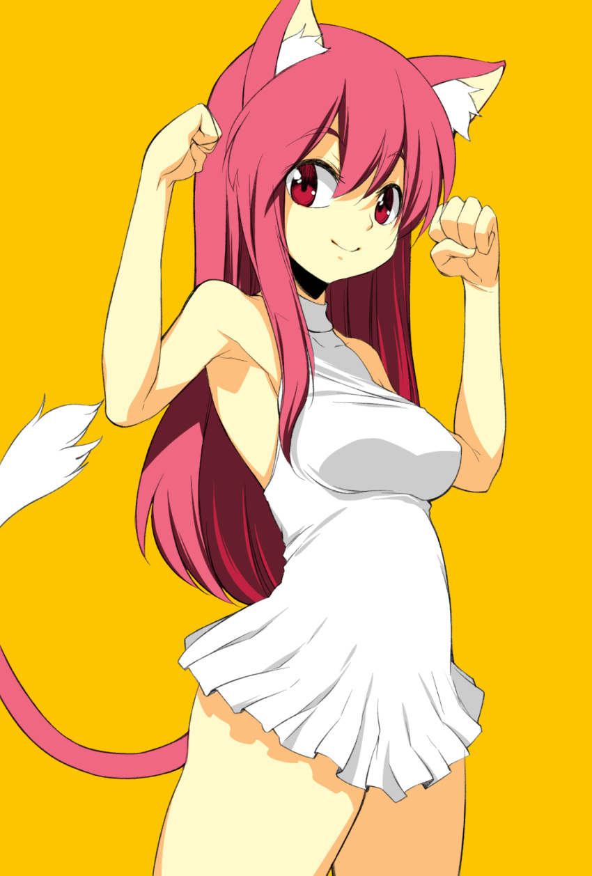 1girl animal_ears bangs bare_arms bare_shoulders breasts cat_ears cat_girl cat_tail closed_mouth cowboy_shot dress eyebrows_visible_through_hair gradient gradient_background hair_between_eyes highres medium_breasts microdress onija_tarou original pink_hair red_eyes sleeveless sleeveless_dress smile solo straight_hair tail tail_raised white_dress