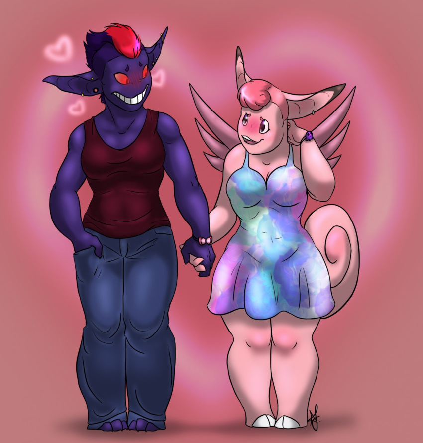 anthro big_ears blush bracelet clefable clothed clothing couple_(disambiguation) cute dress duo ear_piercing female female/female fur gengar glowing glowing_eyes hair hand_holding hooves hush in_love jewelry kitterjitters mohawk muscular nintendo piercing pink_fur pink_hair pok&eacute;mon pok&eacute;mon_(species) purple_eyes purple_fur red_eyes red_hair shirt smile taffy tank_top thick_thighs video_games wings