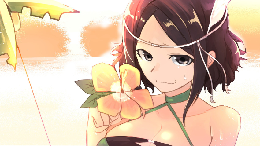 black_eyes black_hair breasts circlet cleavage closed_mouth commentary_request feathers fire_emblem fire_emblem:_kakusei fire_emblem_heroes flower highres nakabayashi_zun noire_(fire_emblem) short_hair solo wavy_mouth yellow_flower