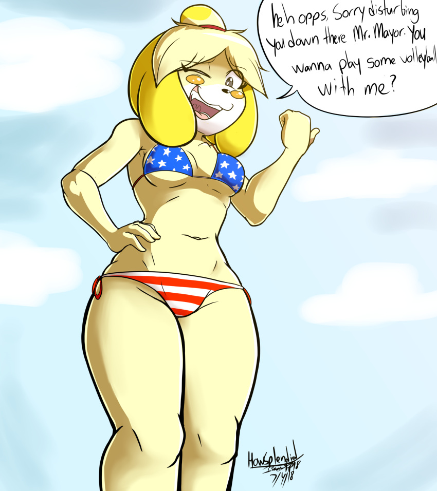 2018 4th_of_july 5_fingers animal_crossing anthro beach bikini biped blonde_hair blush breasts canine clothed clothing cloud dialogue digital_media_(artwork) dog english_text eyebrows eyelashes female fur hair hair_bun hair_ornament hi_res howsplendid isabelle_(animal_crossing) looking_at_viewer looking_down low-angle_view mammal midriff multicolored_fur multicolored_hair navel nintendo one_eye_closed open_mouth orange_hair outside seaside shih_tzu side-tie_bikini signature simple_background skimpy sky smile solo standing stars_and_stripes swimsuit teeth text tongue two_tone_fur two_tone_hair under_boob united_states_of_america video_games white_fur wide_hips wink yellow_fur