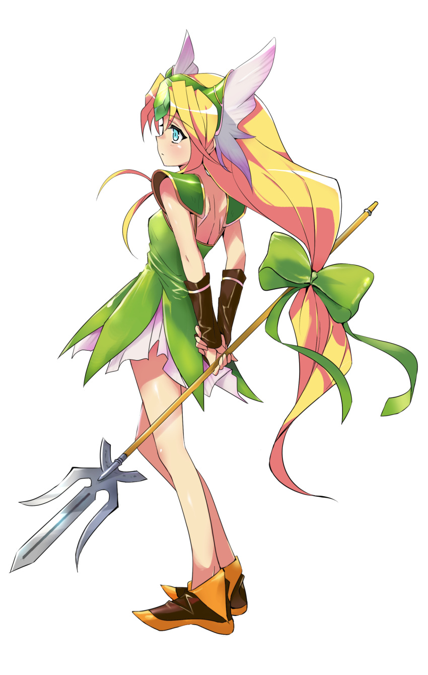 absurdres arm_warmers arms_behind_back blonde_hair blue_eyes bow breasts brown_footwear closed_mouth dress eyebrows_visible_through_hair forehead_jewel full_body green_bow green_dress highres holding holding_spear holding_weapon long_hair low-tied_long_hair pauldrons polearm riesz seiken_densetsu seiken_densetsu_3 shoes simple_background small_breasts solo spear tokiani very_long_hair weapon white_background