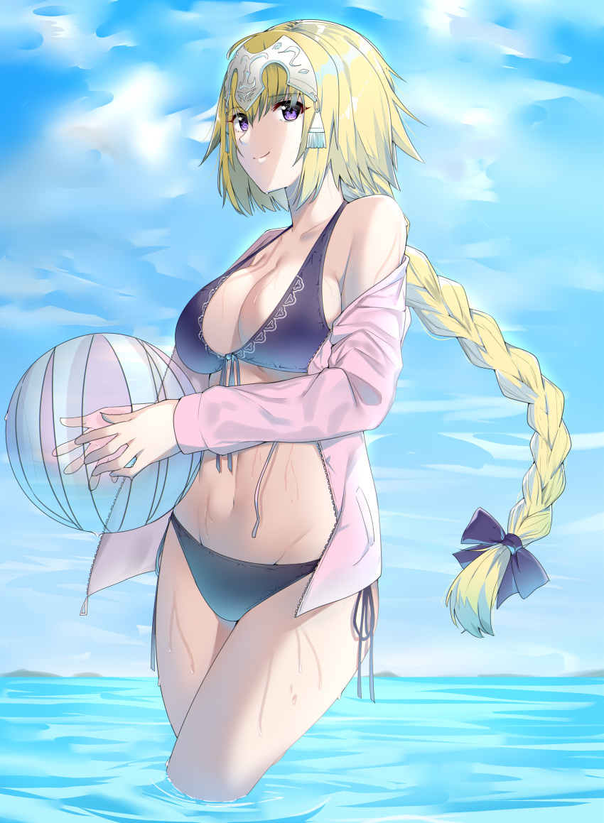 absurdres bad_id bad_pixiv_id ball bangs bare_shoulders beachball bikini black_bikini black_bow blonde_hair blue_sky bow braid breasts cleavage closed_mouth cloud collarbone commentary day eyebrows_visible_through_hair fate/grand_order fate_(series) front-tie_bikini front-tie_top groin hair_between_eyes hair_bow headpiece highres holding holding_ball horizon jacket jeanne_d'arc_(fate) jeanne_d'arc_(fate)_(all) large_breasts long_hair long_sleeves looking_at_viewer navel ocean off_shoulder open_clothes open_jacket outdoors pink_jacket purple_eyes side-tie_bikini single_braid sky smile solo strap_gap suzuharu_toufu swimsuit transparent very_long_hair wading water wet