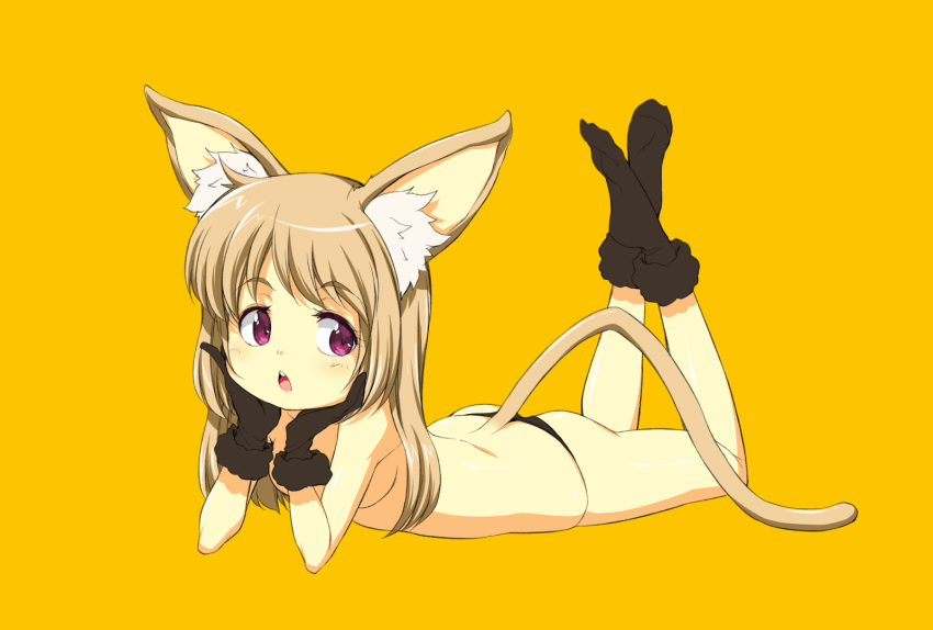 1girl :o animal_ears ass bangs black_gloves black_legwear black_panties breasts cat_ears cat_girl cat_tail eyebrows_visible_through_hair full_body gloves gradient gradient_background highres legs_up light_brown_hair long_hair onija_tarou open_mouth original panties pink_eyes small_breasts socks solo straight_hair tail teeth topless underwear