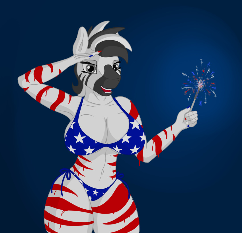 2018 4th_of_july anthro big_breasts bikini breasts clothed clothing digital_media_(artwork) equine fan_character female fireworks hair holidays horse looking_at_viewer mammal my_little_pony navel paint simple_background smile solo stars_and_stripes stray_prey swimsuit united_states_of_america zebra