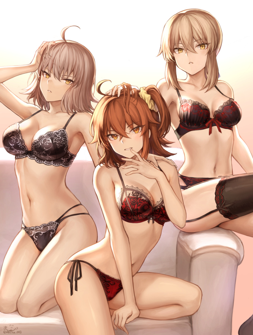 ahoge artoria_pendragon_(all) bangs bare_shoulders black_bra black_legwear black_panties blonde_hair bra breasts cleavage collarbone commentary couch fate/grand_order fate/stay_night fate_(series) fujimaru_ritsuka_(female) garter_belt hair_ornament hair_scrunchie hand_on_another's_head hand_on_another's_shoulder hand_on_own_chin hand_on_own_head highres hips jeanne_d'arc_(alter)_(fate) jeanne_d'arc_(fate)_(all) lace lace-trimmed_thighhighs lace_bra lace_panties large_breasts mashu_003 medium_breasts multi-strapped_panties multiple_girls navel one_side_up orange_eyes orange_hair panties petting red_bra red_panties saber_alter scrunchie short_hair side-tie_panties side_ponytail silver_hair sitting thighhighs thighs underwear yellow_eyes