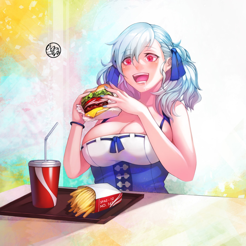 breasts cleavage commentary drooling dspell english_commentary fast_food food food_awe french_fries girls_frontline hair_ribbon hamburger heart heart-shaped_pupils highres hungry large_breasts nail_polish open_mouth red_eyes ribbon silver_hair solo spas-12_(girls_frontline) symbol-shaped_pupils twintails