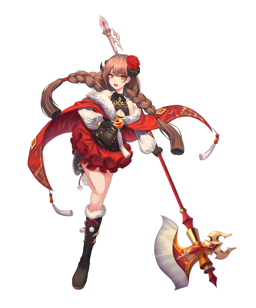 :d absurdres bangs black_footwear boots braid brown_hair cape cleavage_cutout corset eyebrows_visible_through_hair flat_chest floating_hair flower full_body fur_trim hair_between_eyes hair_flower hair_ornament highres holding holding_weapon kimsw0522 knee_boots layered_skirt leg_up long_hair looking_at_viewer miniskirt open_mouth orange_eyes original poleaxe red_cape red_flower red_rose red_skirt rose simple_background skirt smile solo standing standing_on_one_leg twin_braids twintails very_long_hair weapon white_background
