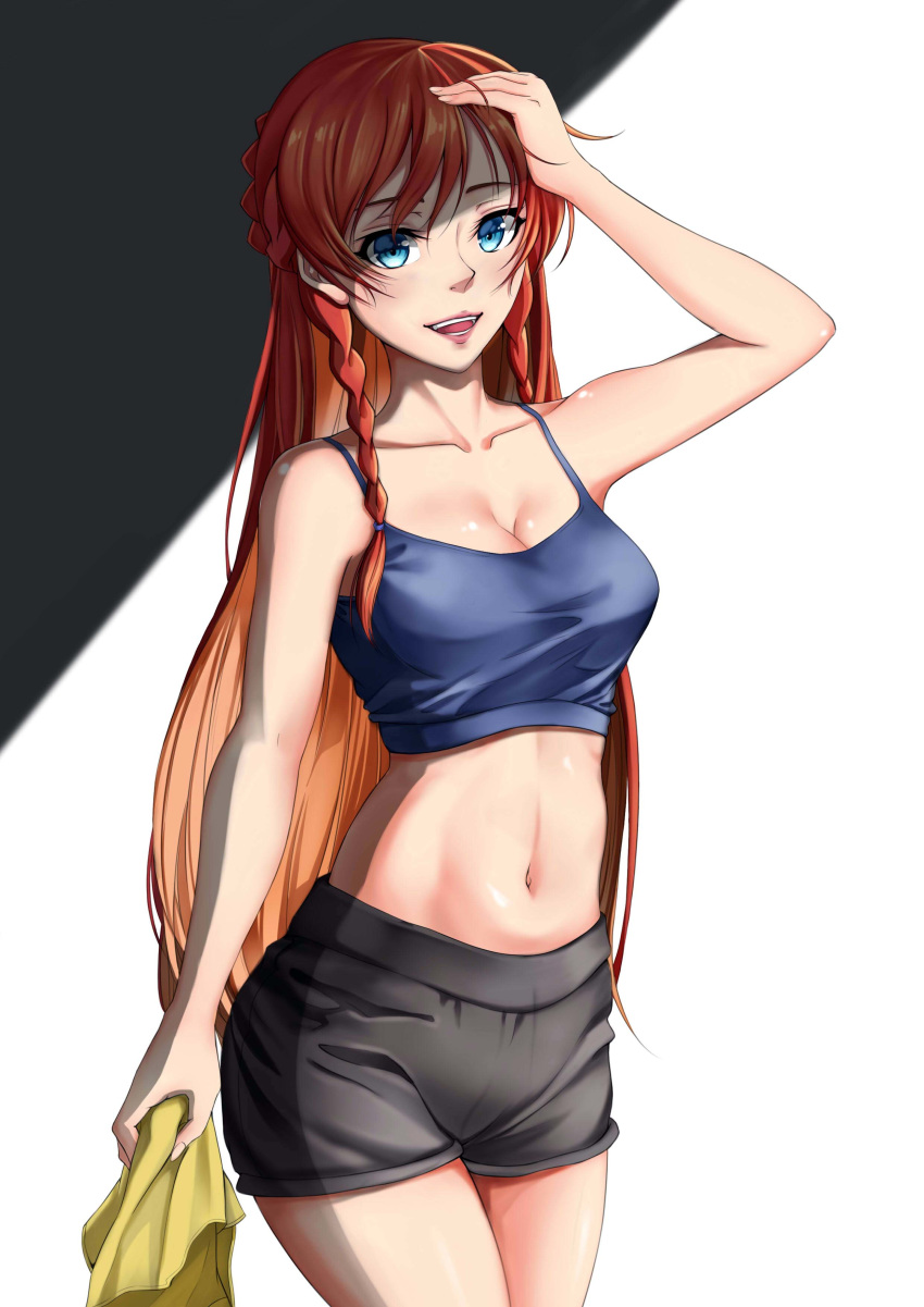 :d absurdres bangs blue_eyes braid breasts cleavage collarbone cowboy_shot crop_top grey_shorts hand_on_head highres holding long_hair looking_at_viewer medium_breasts midriff navel open_mouth re:creators red_hair selesia_upitiria shadow shiny shiny_skin short_shorts shorts smile solo standing stomach swept_bangs tank_top twin_braids very_long_hair xiao_gen