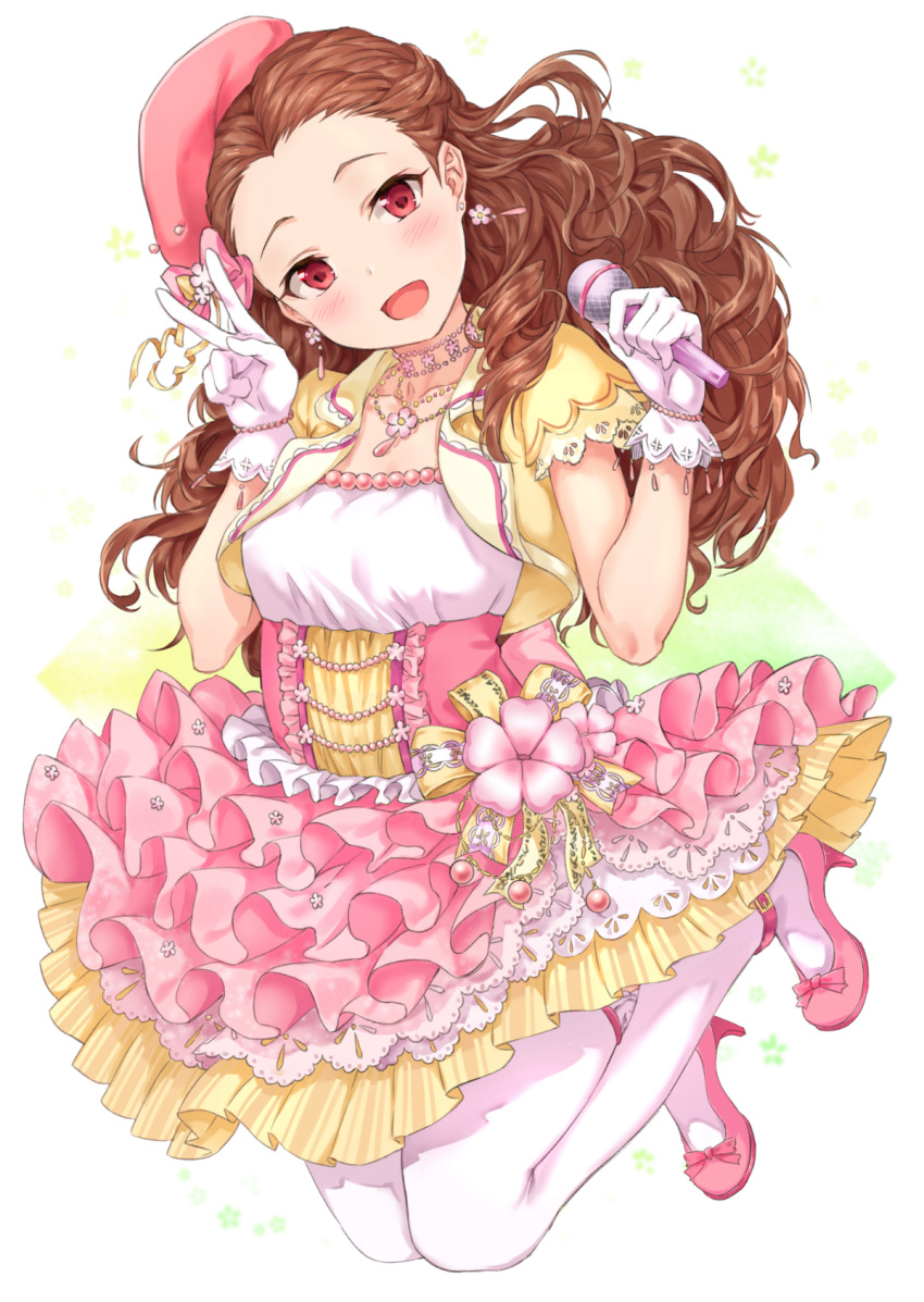 beret blush bow brown_hair choker commentary corsage curly_hair dress earrings flower flower_earrings flower_necklace frilled_dress frills full_body gloves hat high_heels highres holding holding_microphone idolmaster idolmaster_cinderella_girls idolmaster_cinderella_girls_starlight_stage jewelry layered_dress long_hair looking_at_viewer microphone necklace open_mouth pink_dress pink_footwear red_eyes ribbon seki_hiromi short_sleeves simple_background sirurabbit smile solo v white_gloves white_legwear