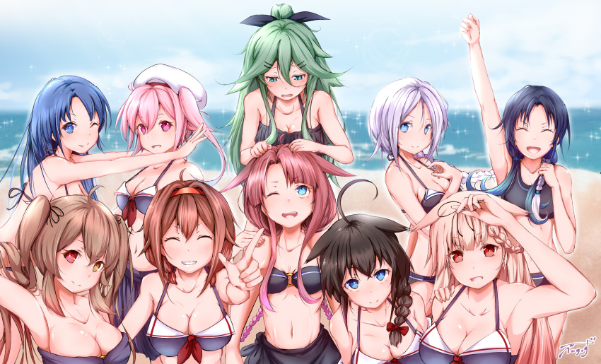 :q ahoge alternate_breast_size alternate_costume arms_behind_head baileys_(tranquillity650) bangs bare_shoulders beach beret bikini black_hair black_ribbon blonde_hair blue_eyes blue_hair blue_ribbon blue_sky blurry blurry_background blush braid breasts brown_eyes brown_hair carrying closed_eyes collarbone commentary day eyebrows_visible_through_hair gradient_hair green_eyes green_hair hair_between_eyes hair_flaps hair_ornament hair_over_shoulder hair_ribbon hairband hairclip hand_on_another's_shoulder hand_up hands_on_another's_head harusame_(kantai_collection) hat heterochromia highres index_finger_raised kantai_collection kawakaze_(kantai_collection) large_breasts long_hair looking_at_another looking_at_viewer low_twintails medium_breasts messy_hair multicolored_hair multiple_girls murasame_(kantai_collection) navel o-ring o-ring_top ocean one_eye_closed open_mouth orange_eyes outdoors parted_bangs pink_eyes pink_hair red_eyes red_hairband remodel_(kantai_collection) ribbon sailor_bikini sailor_collar samidare_(kantai_collection) sand shigure_(kantai_collection) shiratsuyu_(kantai_collection) short_hair shoulder_carry side_ponytail sidelocks signature silver_hair single_braid sky smile sparkle sports_bikini stomach suzukaze_(kantai_collection) swimsuit tongue tongue_out twintails two_side_up umikaze_(kantai_collection) very_long_hair yamakaze_(kantai_collection) yuudachi_(kantai_collection)