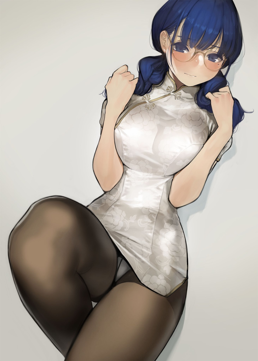 bangs black_legwear blue_hair blush breast_press breasts china_dress chinese_clothes closed_mouth commentary cowboy_shot crotch_seam dark_blue_hair dress eyebrows_visible_through_hair floral_print hair_between_eyes highres knee_up large_breasts lips long_hair looking_at_viewer low_twintails lying mole mole_under_eye on_back original pantyhose short_sleeves simple_background solo thighband_pantyhose turtleneck twintails white_dress yomu_(sgt_epper)