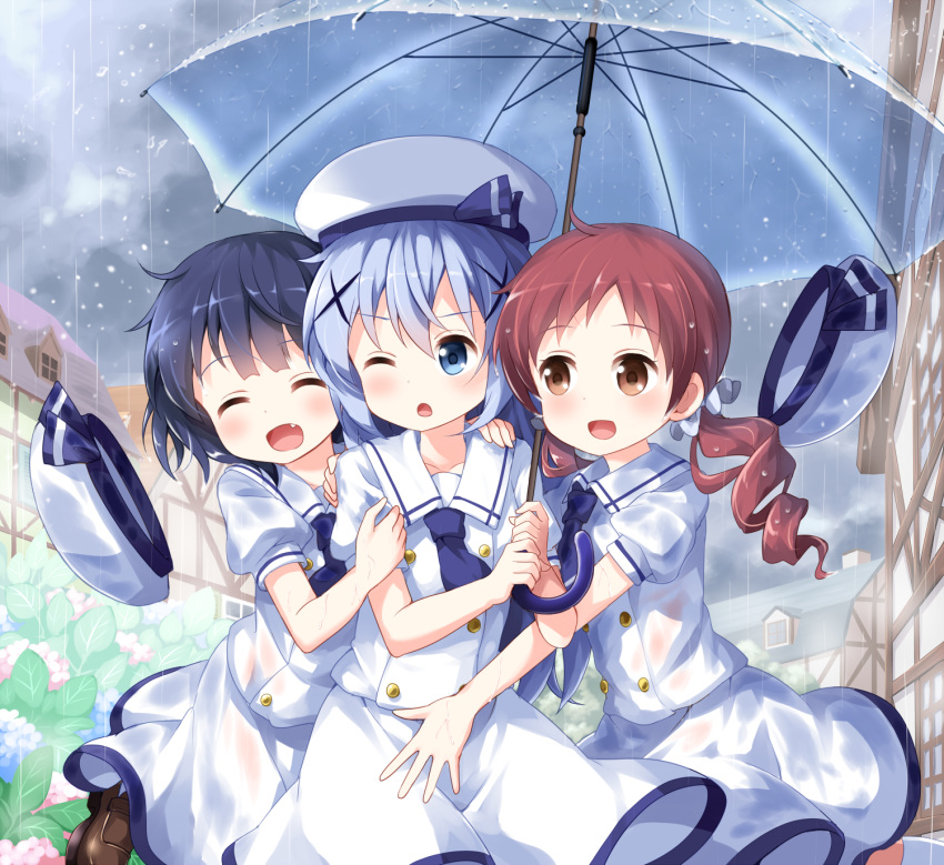 :d ^_^ ascot bangs beret blue_eyes blue_flower blue_hair blue_neckwear blush brown_eyes brown_footwear brown_hair chimame-tai closed_eyes cloud cloudy_sky coat commentary_request eyebrows_visible_through_hair fang flower girl_sandwich gochuumon_wa_usagi_desu_ka? hair_between_eyes hair_ornament hair_scrunchie hat hat_removed headwear_removed highres holding holding_umbrella house jouga_maya kafuu_chino kafuu_chino's_school_uniform loafers long_hair low_twintails multiple_girls natsu_megumi open_mouth outdoors overcoat parted_lips pink_flower puffy_short_sleeves puffy_sleeves rain ringlets ruu_(tksymkw) sailor_collar sandwiched school_uniform scrunchie shared_umbrella shirt shoes short_sleeves skirt sky smile transparent transparent_umbrella twintails umbrella very_long_hair wet wet_clothes wet_shirt wet_skirt white_hat white_sailor_collar white_scrunchie white_shirt white_skirt x_hair_ornament