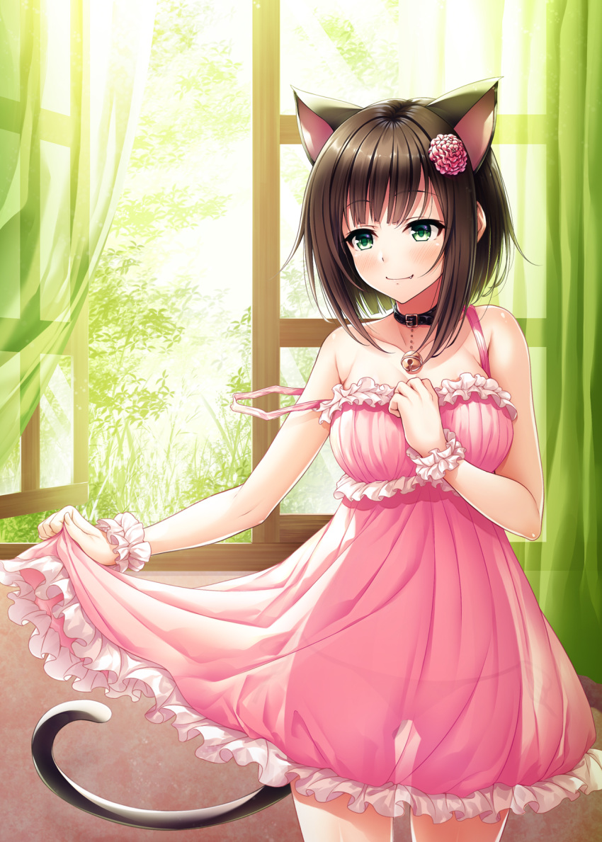 animal_ears bangs bare_shoulders bell bell_collar blush breasts brown_hair cat_ears cat_tail cleavage collar collarbone commentary_request curtains dress fang flower frills green_eyes hair_flower hair_ornament hasumi_(hasubatake39) highres hips idolmaster idolmaster_cinderella_girls jingle_bell maekawa_miku medium_breasts panties pink_dress see-through_silhouette short_hair smile solo strap_slip sunlight tail thighs tree underwear wrist_cuffs