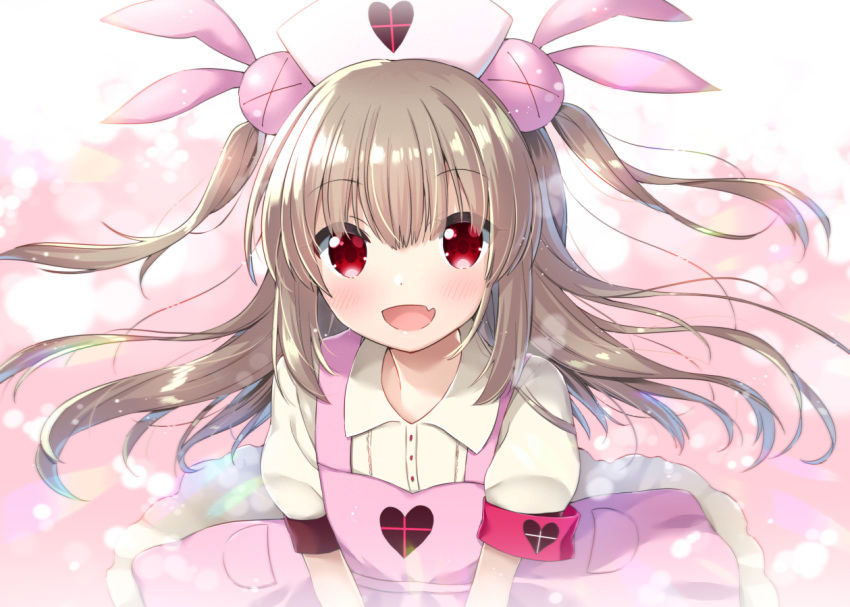 &gt;_&lt; :d apron armband bangs blush bunny_hair_ornament collared_shirt commentary_request eyebrows_visible_through_hair hair_between_eyes hair_ornament hat heart light_brown_hair long_hair looking_at_viewer natori_sana nurse_cap open_mouth pink_apron pink_hat puffy_short_sleeves puffy_sleeves red_eyes sana_channel shirt short_sleeves smile solo two_side_up uchuuneko v_arms very_long_hair virtual_youtuber white_shirt
