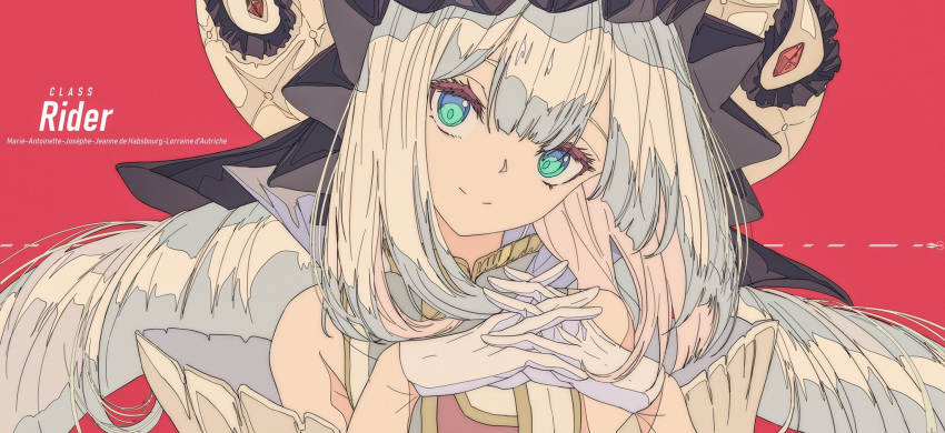 aqua_eyes bangs bare_shoulders character_name closed_mouth commentary dress fate/grand_order fate_(series) flat_color frilled_hat frills gloves gold_trim green_eyes hair_between_eyes hat head_tilt highres interlocked_fingers kogecha_(coge_ch) long_hair looking_at_viewer marie_antoinette_(fate/grand_order) multicolored multicolored_eyes red_background sidelocks silver_hair simple_background sleeveless sleeveless_dress smile solo twintails white_dress white_gloves white_hat