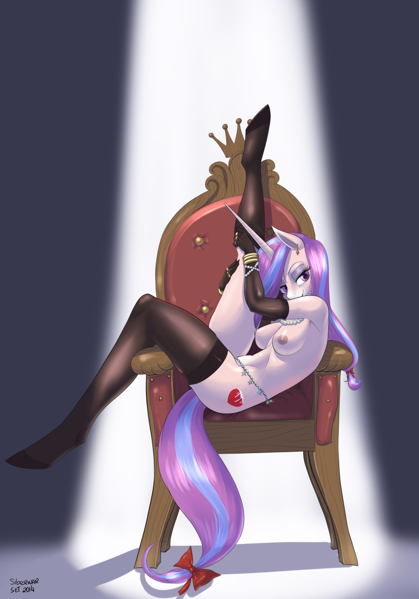 2014 absurd_res anthro armwear breasts clothing cutie_mark elbow_gloves equine fan_character female gloves hair half-closed_eyes hearts_desire hi_res horn legwear long_hair mammal multicolored_hair my_little_pony nipples nude one_leg_up siberwar solo stockings two_tone_hair unicorn